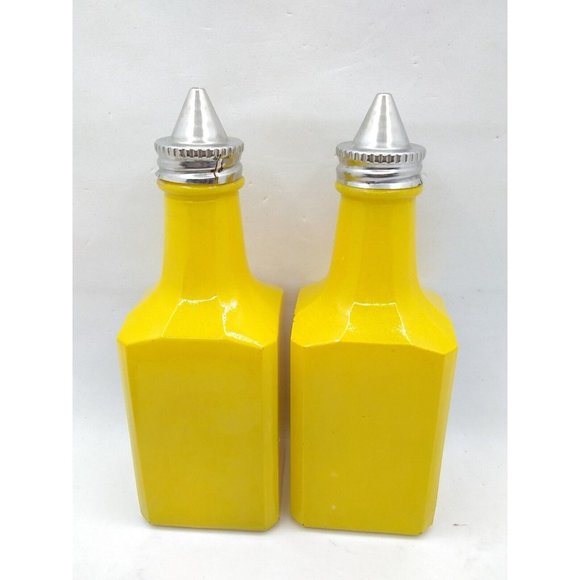 Vintage Retro set of 2 GEMCO USA  Oil & Vinegar yellow glass cruet bottles READ - Picture 2 of 12